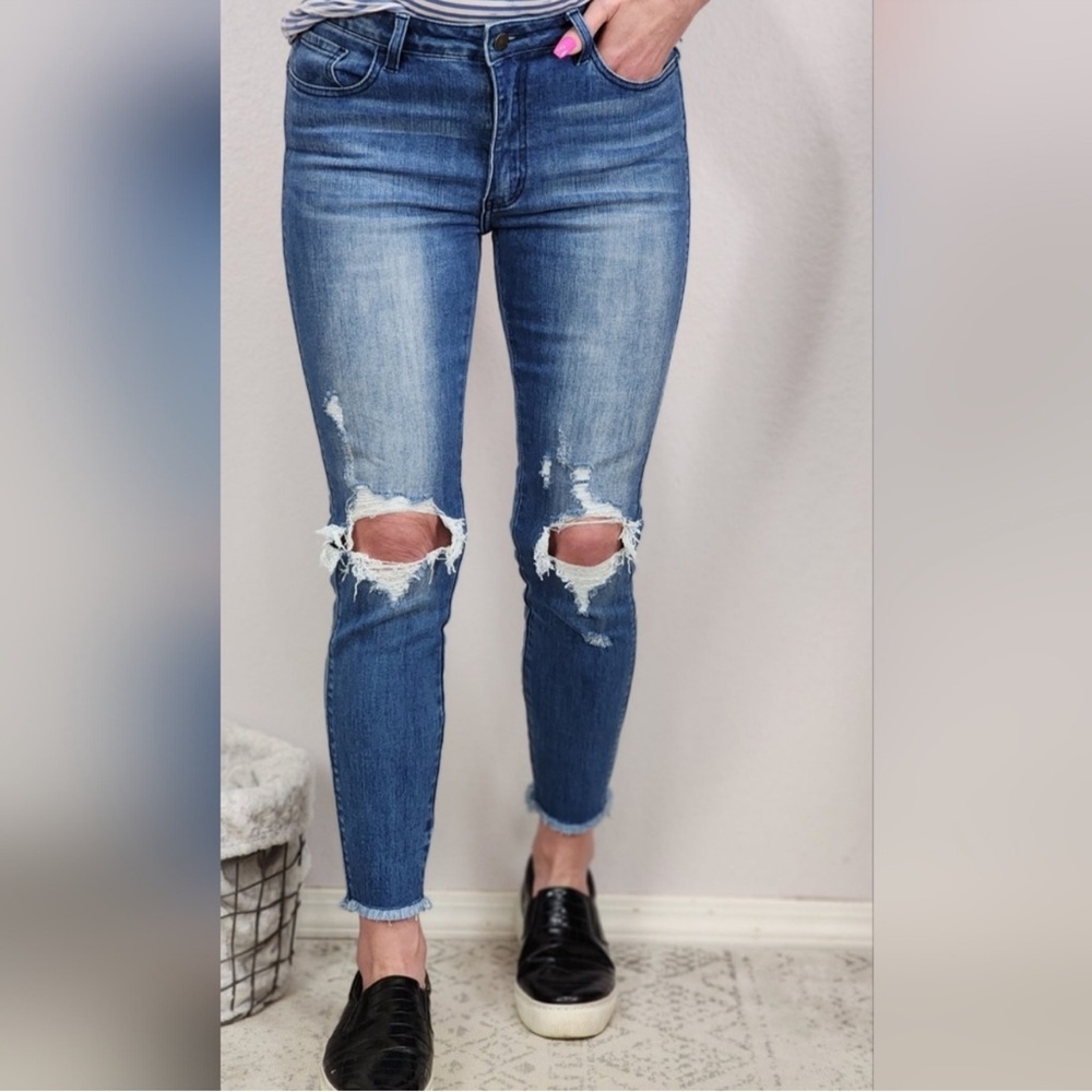 Pink Lily Nature Denim Jody Mid-Rise Distressed Ankle Blue Jeans New